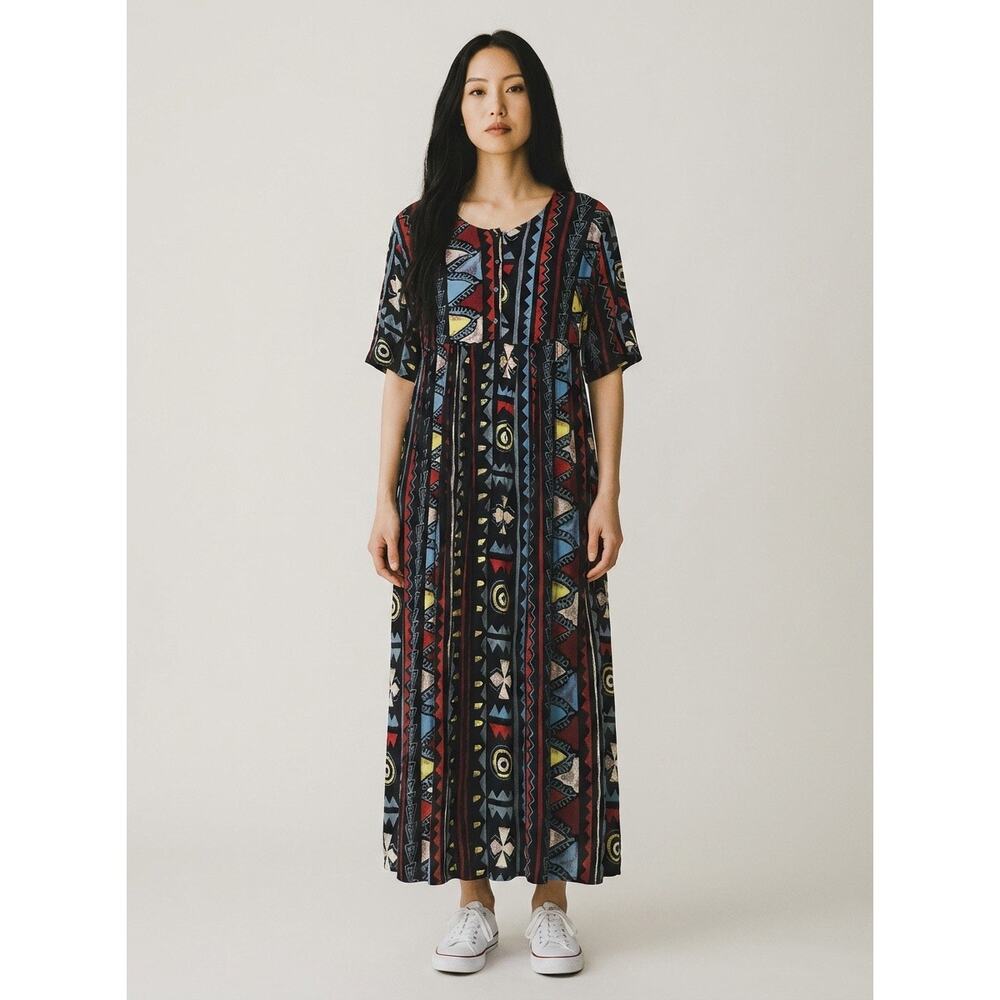 90s Oversized Tribal Print Rayon Maxi Dress Boho Grunge Art Teacher Vibe L -